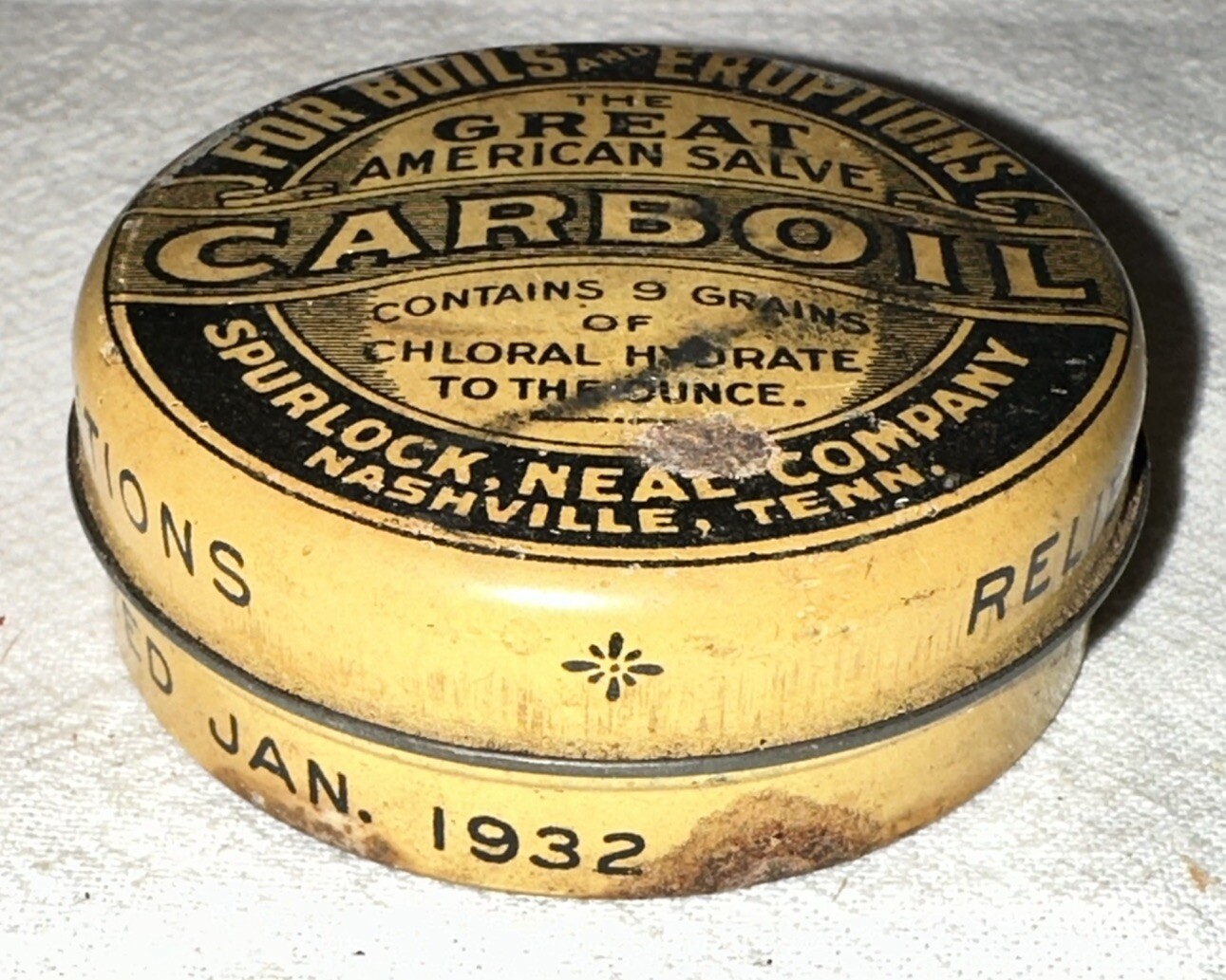 ANTIQUE CARBOIL TIN LITHO SALVE OINTMENT MEDICINE CAN FIRST AID