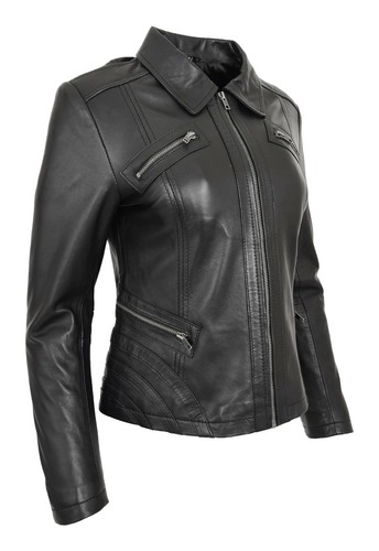 Womens Real Leather Biker Style Jacket Fitted Casual Zip Fasten Black Brown Tan - Picture 10 of 26