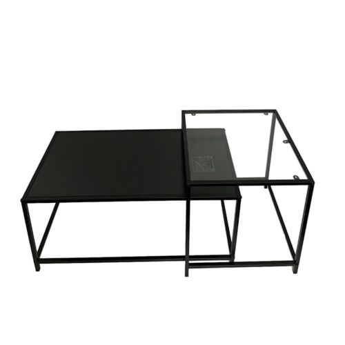 Set Of 2 Coffee Table Black Large Nesting Tables Side Table with Clear Glass Top - Picture 4 of 13