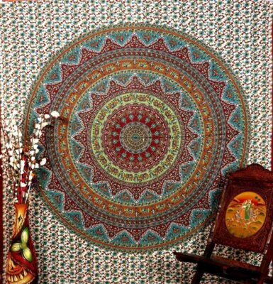 India Elephant Round Mandala Pattern, Hippie Style, Bedroom Tapestry 86'' x 94''
