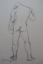 Original pencil drawing sketch of a male nude model in a standing pose back view