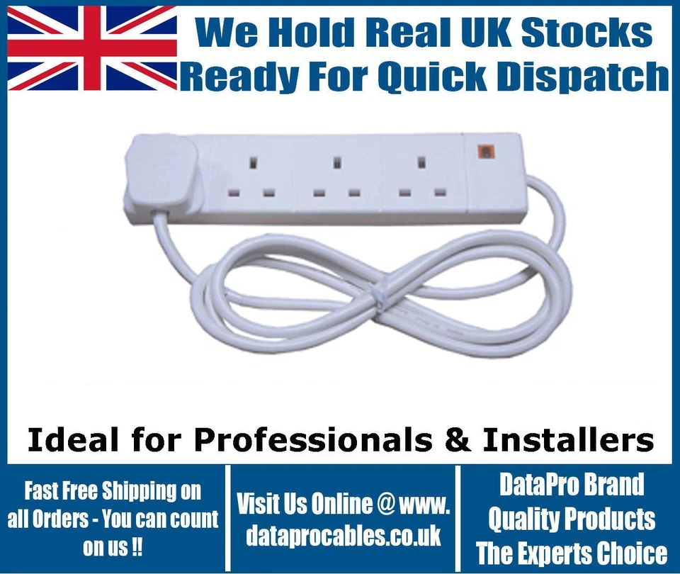 TOTALMENTE NUEVO BLANCO 4 BANDAS EXTENSIÓN 2m PLOMO LARGO FUSIONADO 13AMP ENCHUFE CON NEÓN REINO POSTE