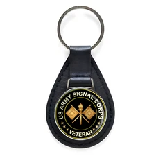 US Army Signal Corps Veteran Black Leather Keychain Silver Keyring Military Gift