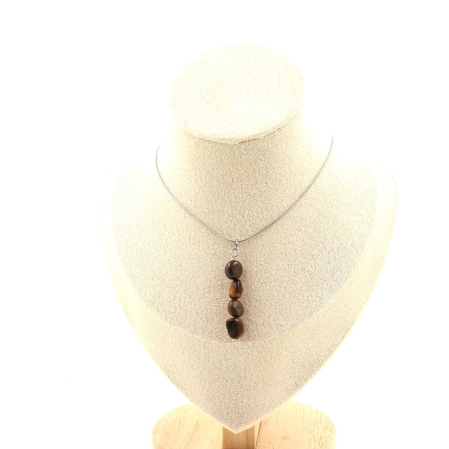 Collier 4 perles Oeil de Tigre véritable avec chaine en acier ajustable pour femme