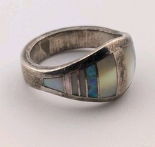 Vintage Sterling Silver Ring Mother Of Pearl Southwest Style V Signed Size 7