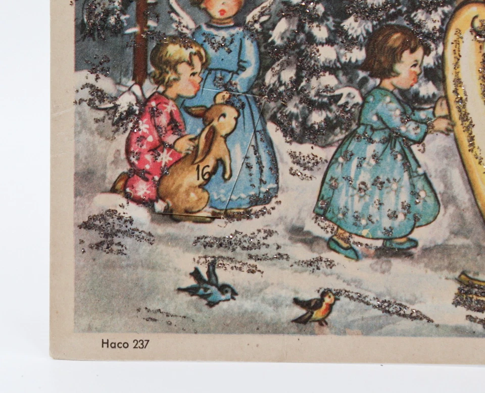 Vtg German Winter Festive Children & Animals Paper Christmas Advent Calendar - Image 3 of 4