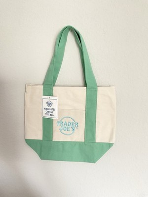 Trader Joe's Canvas Foldable Mini Tote Bag Beige With Pastel Green Handles