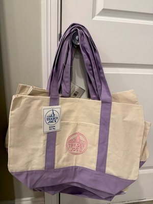 Trader Joe's Reusable Canvas Shopping Tote Bag Beige Purple Solid Plain Grocery