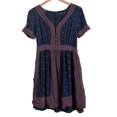 French Connection 71EBU Floral V-Neck Mini Dress Size 8 Navy Blue Viscose Rayon