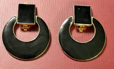Vintage Signed  LES BERNARD Runway Black Enamel Door knocker  Clip On  Earnings 