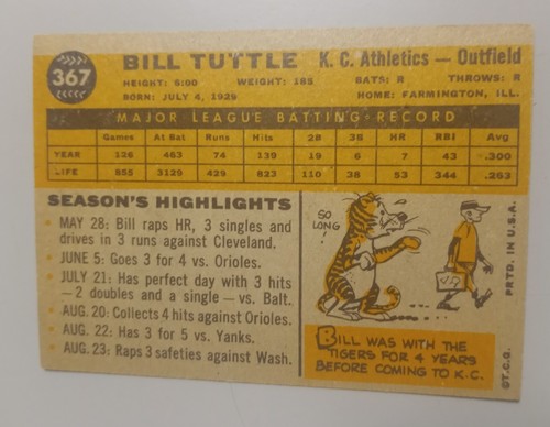 1960 Topps #367 Bill Tuttle EX-EXMINT - Picture 2 of 7