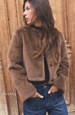Zara Short Faux Fur Brooch Jacket Brown Mink Size XLarge New #ls