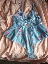 Blue Pink Floral Lace Mesh Women's Bodysuit Bow Accent Sheer Adjustable Straps