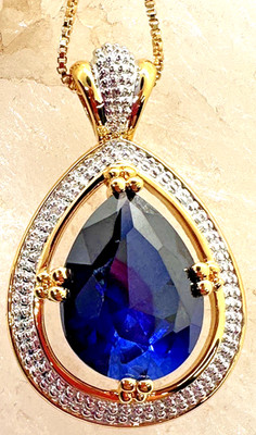 Technibond Blau CZ Träne Birne Anhänger Halskette 18K Gold über Sterlingsilber