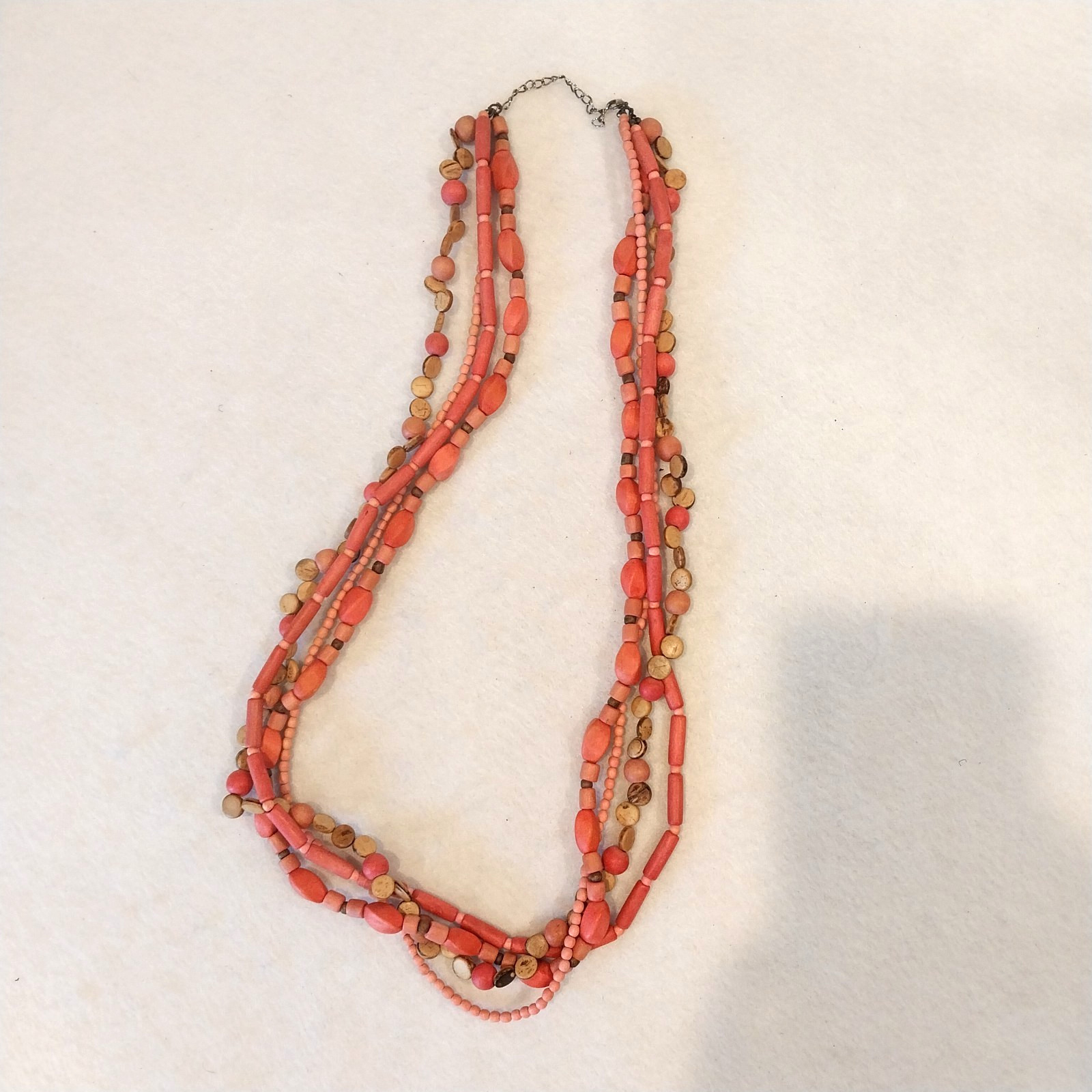 Boho Statement Necklace Coral Pink Tan Long Multi Strand Wood Bead Colorful Gyps