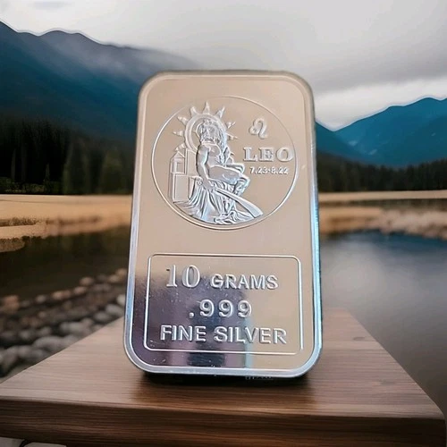 10g Vintage Silver Bar Leo Zodiac Symbol w Dates .999 Fine Mirror Finish w Case