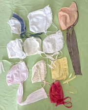 10 Antique Vintage Baby Bonnet Hats Satin Lace Eyelet Baptism Beautiful