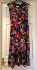 Monsoon Navy Floral Pleated Midi Dress Sleeveless V-Neck UK 16