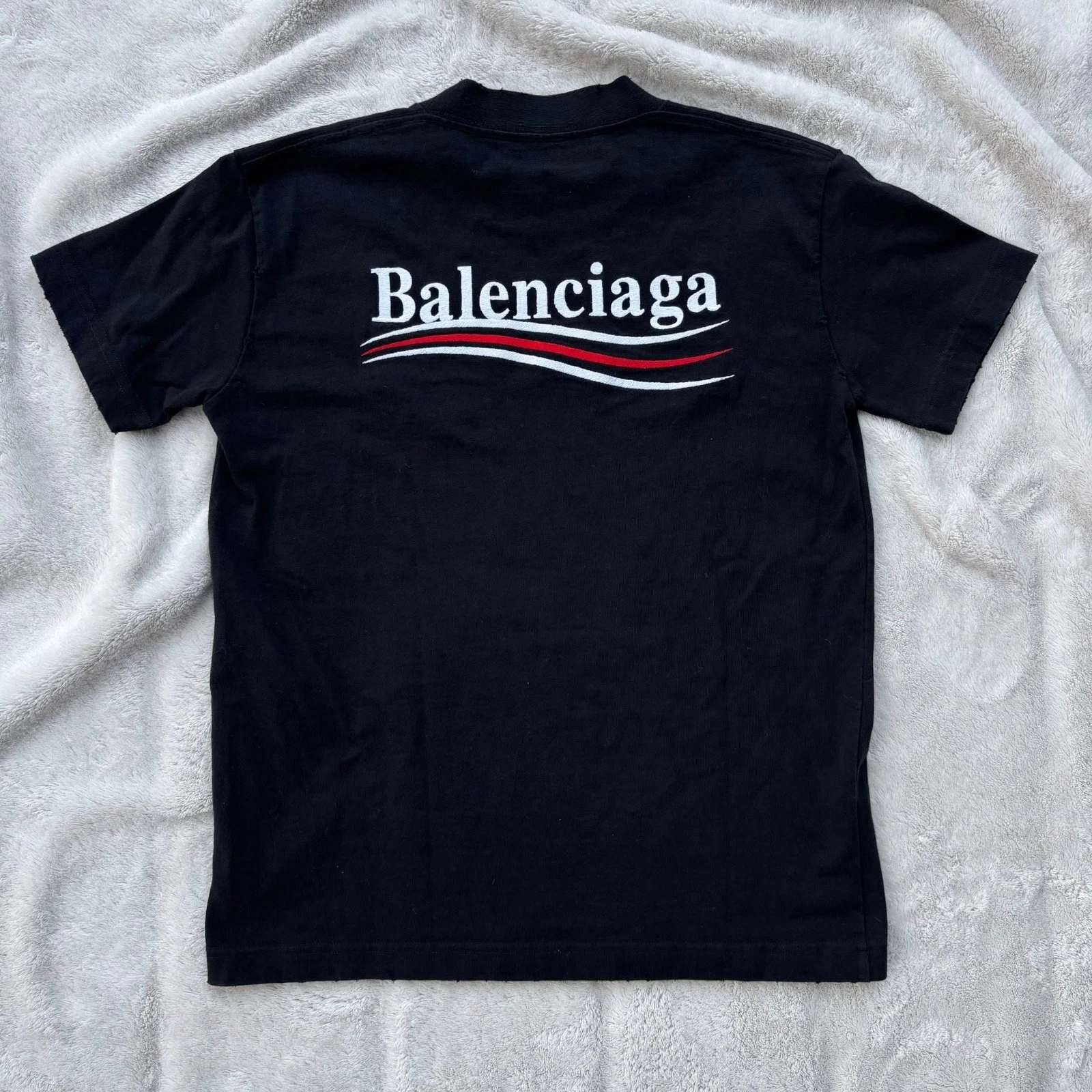 Balenciaga — Balenciaga Black Distressed Embroidered Political Logo Tee - Small - $850 - New