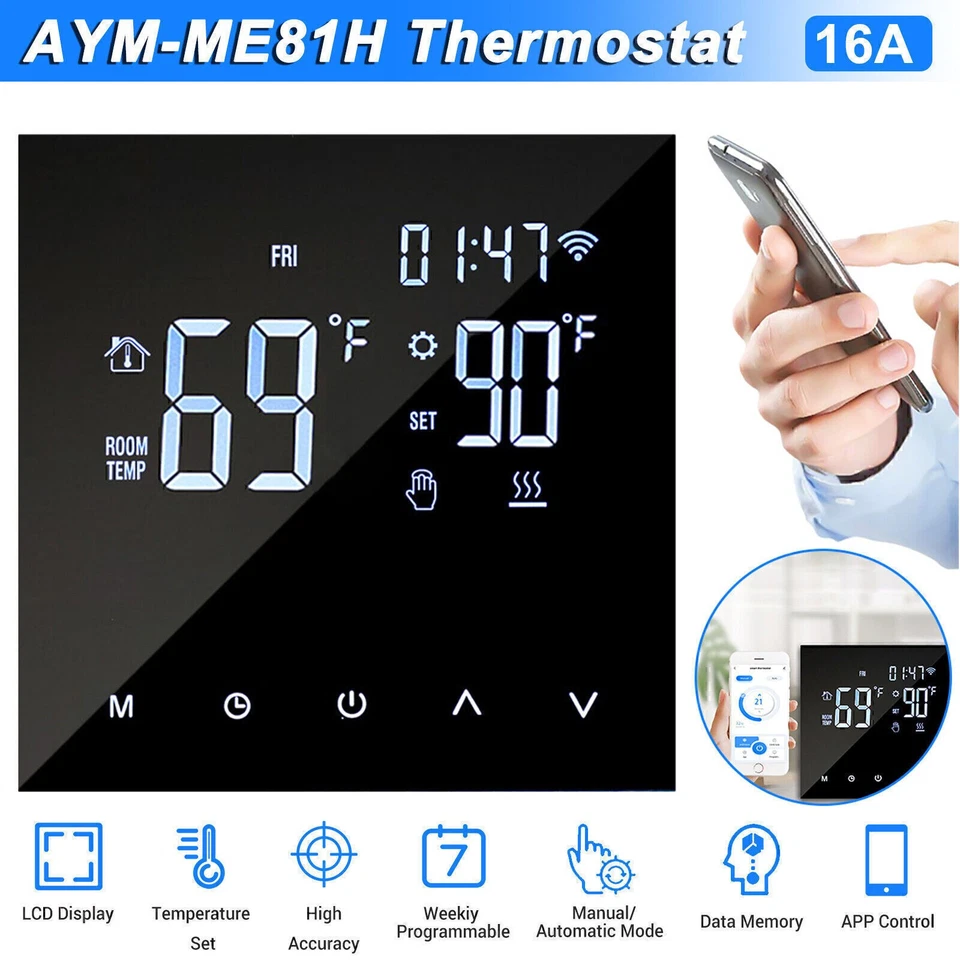 WiFi Smart Thermostat für Raumthermostat Elektroheizung/Wassererwärmung 16A LCD - Bild 3 von 4