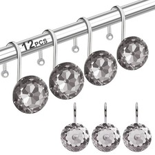 12 PCS Grey Rhinestones Shower Curtain Hooks Rings Stainless Steel Rust Proof