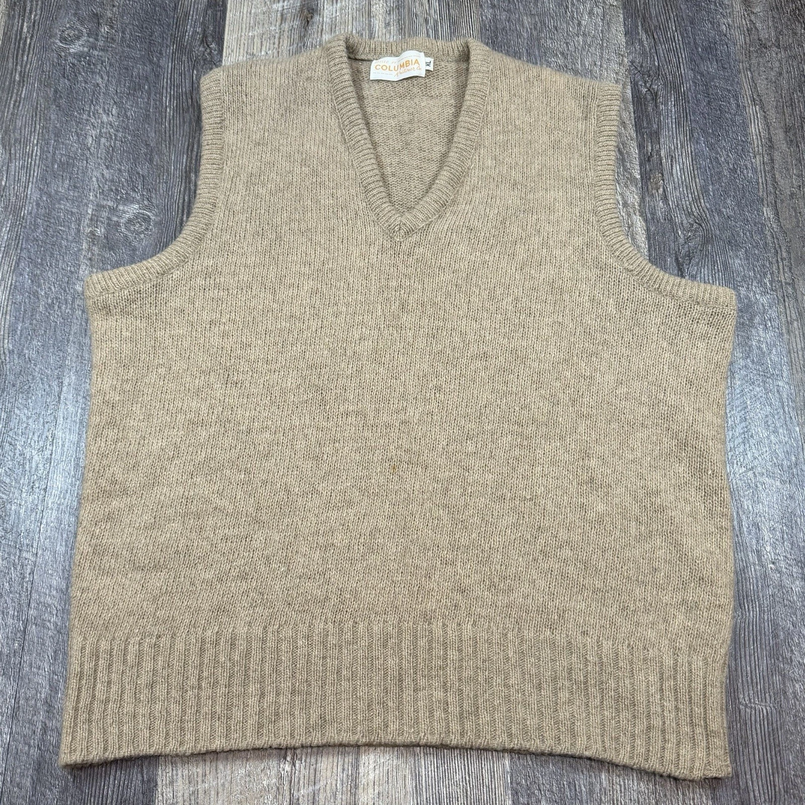 Vintage Columbia Knitwear Co Wool Sweater Vest Mens XL Medium Beige Preppy Golf