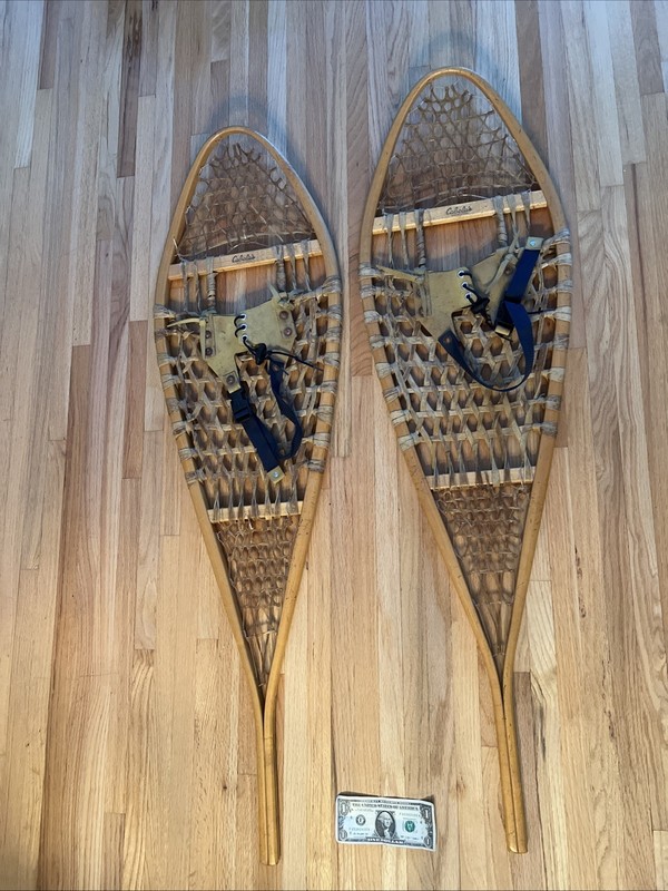 Vintage Cabela's Wooden SNOWSHOES Rawhide W/Bindings Canada Made 48x14”