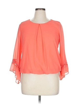 BCX Blouse M Coral Orange Layered Chiffon 3/4 Bell Sleeves Elastic Waist EUC