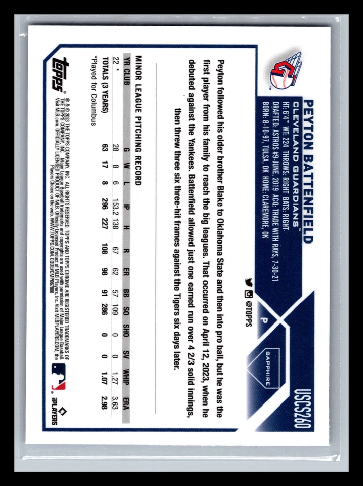 Peyton Battenfield Rookie Guardians #USCS260 2023 Topps Chrome Update Sapphire - Image 2 of 2