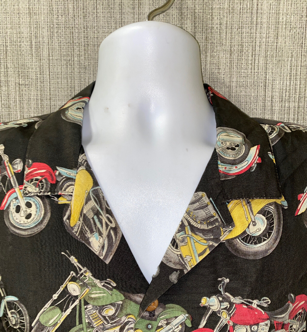 Vtg Paradise Found Mens Motorcycle Print Aloha Hawaiian Shirt 27 In Armpit