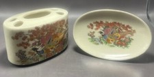 Vintage Japanese Peacock Ceramic Toothbrush Holder and Soap Dish