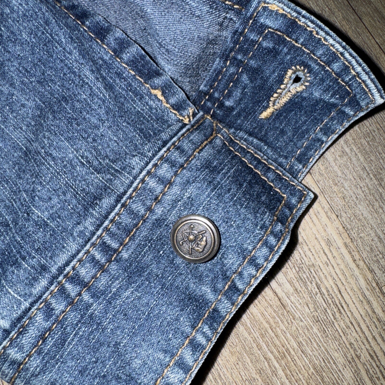 Funky Threads Jean Jacket Trench Patchwork Button… - image 14