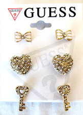 NEW SET OF 3 GUESS GOLD TONE+WHITE BOW+CRYSTAL HEART,KEY STUD EARRINGS