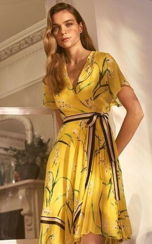 Karen Millen Yellow Floral Wrap Dress Uk 8 Us 4 Eu 36 | eBay