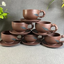 Yixing Zisha Clay Pottery Handmade Exquisite Tea Cups W/ Saucers Set Of 6