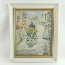 Paris France Flower Cart Horse Lady w Chicken Man Newspaper Serigraph by Andrews