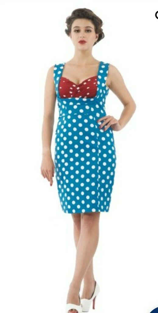 Dotty Dolly Georgette polka dot Blue Burgundy Wiggle Dress 50s