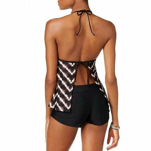 Camiseta Tankini Hula Honey NEGRO/GRIS Eléctrica Teñida Push-up Halter EE. UU. XS 307044 Foto 4 de 4