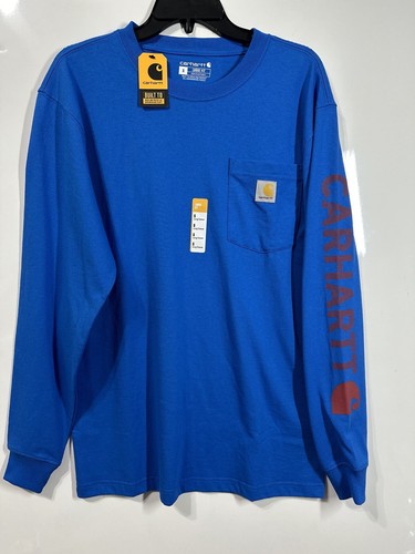 Neu mit Etikett Carhartt T-Shirt Herren S blau langärmelig lose Passform Arbeitskleidung Rechtschreibung Logo