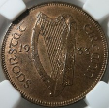 IRELAND Eire 1/2 Half Penny 1933 NGC MS 62 BN UNC Pig Harp Music KEY DATE Animal