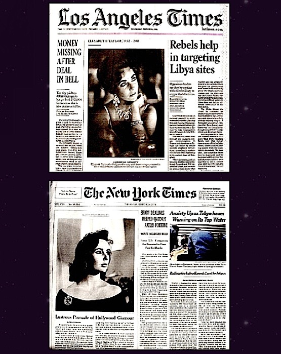 Lote de 2 periódicos diferentes a Elizabeth Taylor 2011 LA Times NY Times Liz