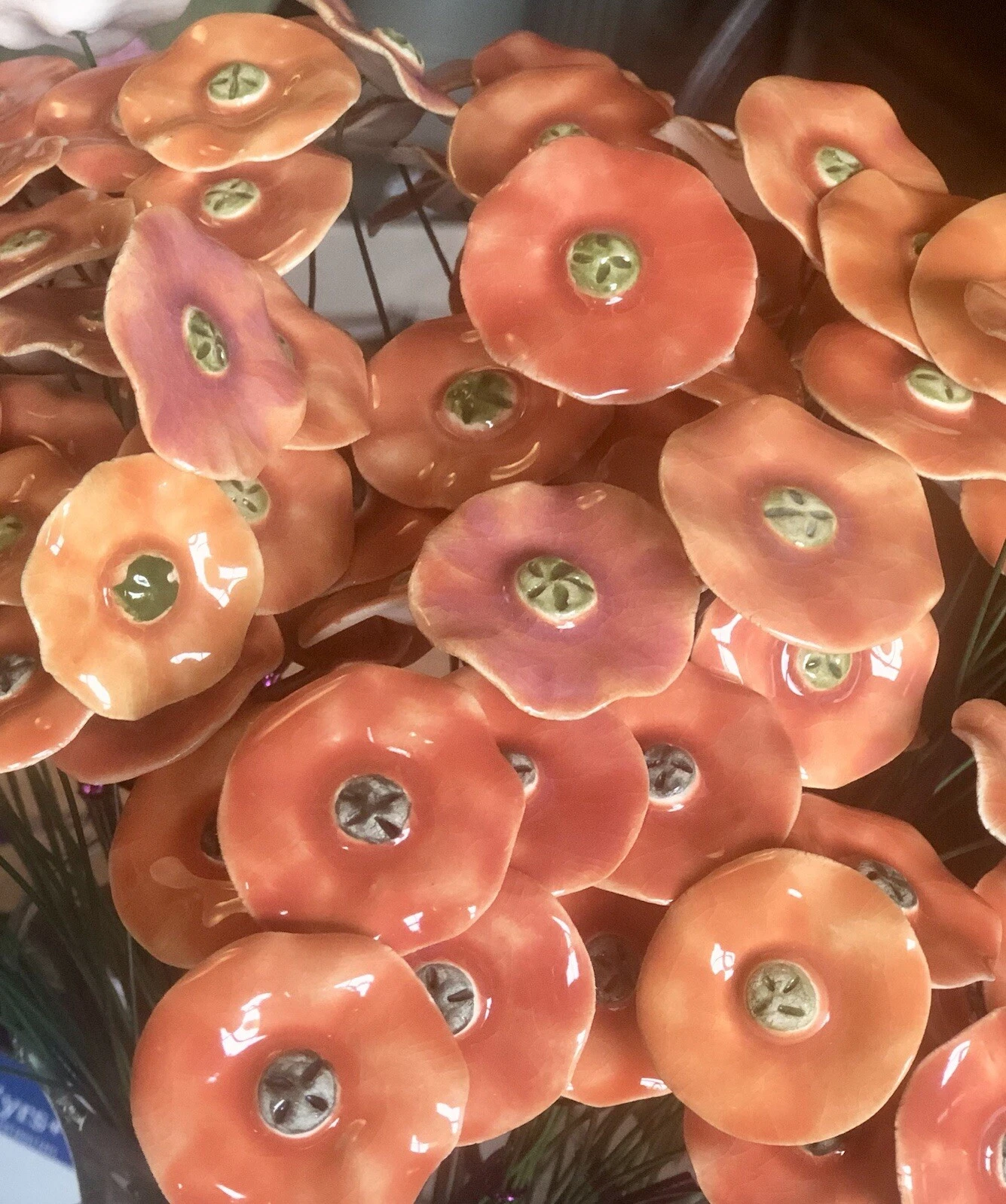 15 Polish Long Stem Orange Flowers 15" with Green Pistils Made in Poland
