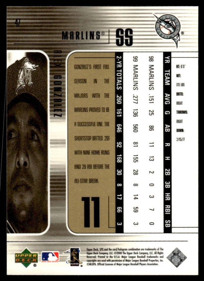 2000 SPx Alex Gonzalez Florida Marlins #47 - Image 2 of 2