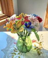 Lot 16 + 3 Buds Med-Lg Vintage Glass Seed Beaded Multicolored Flowers W/ Leaves 