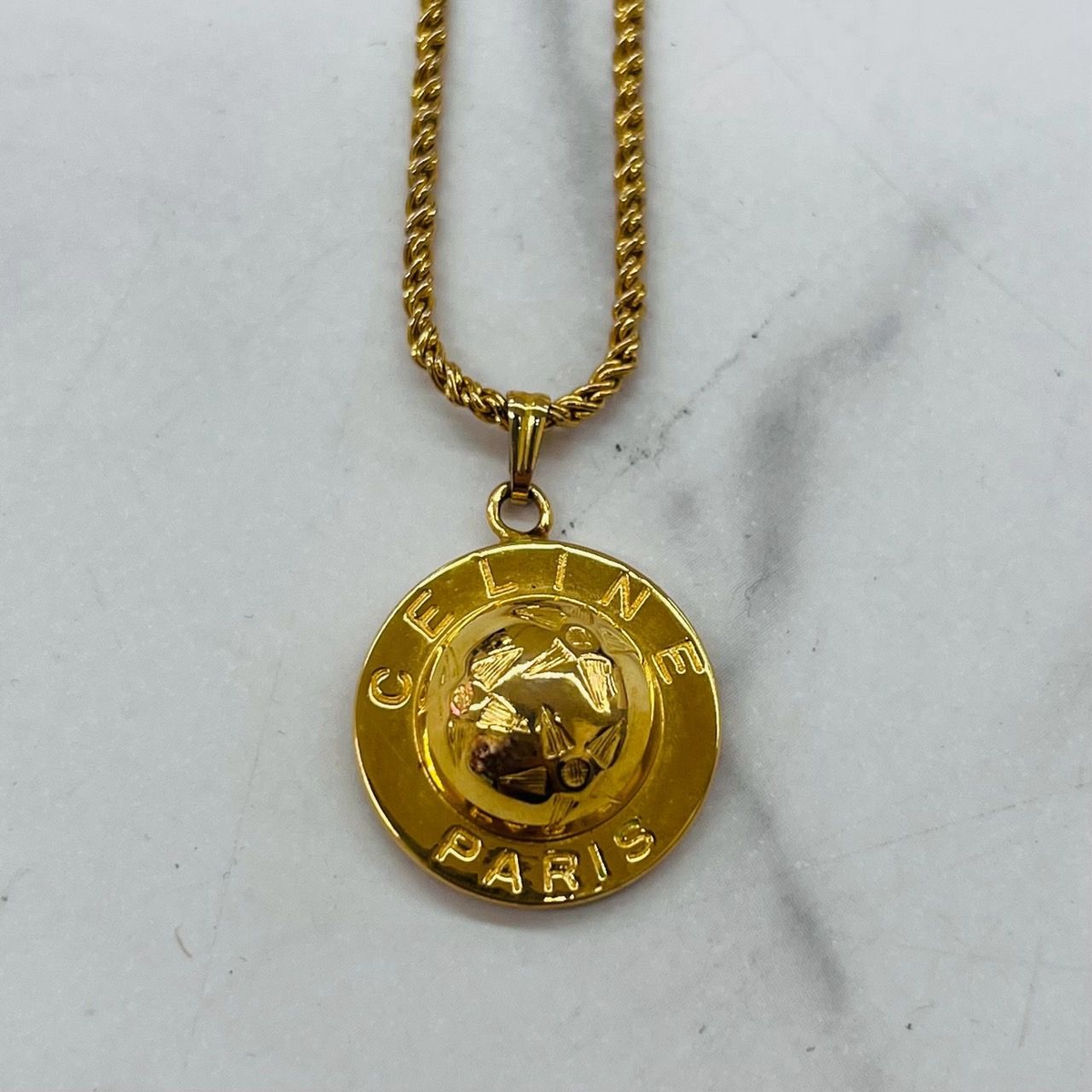CELINE Vintage Star Ball Logo Medallion Necklace Gold Tone Rope