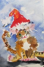Delilah Santa Cat impressionism 9x6 watercolor contemporary original COA