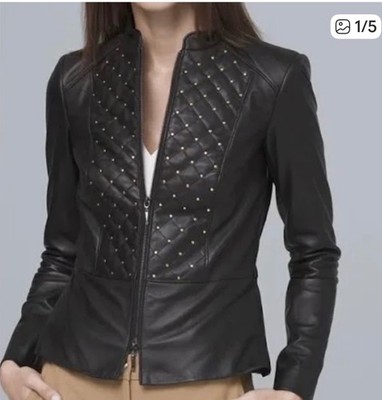 NWOT White House Black Market Genuine Leather Jacket with Gold Studs Size XL