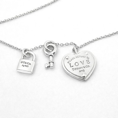 Return to Tiffany & Co. Love Heart Padlock Lock Key Pendant Chain
