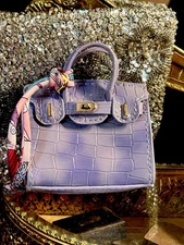 Mini Lavender Faux Croc Embossed Handbag Coin Purse Keychain 3” Earphones Holder