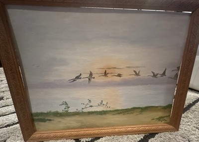 Signed Ellis Levee 1987 On Canvas Flying Geese 18x24 With Wood Frame Stunning